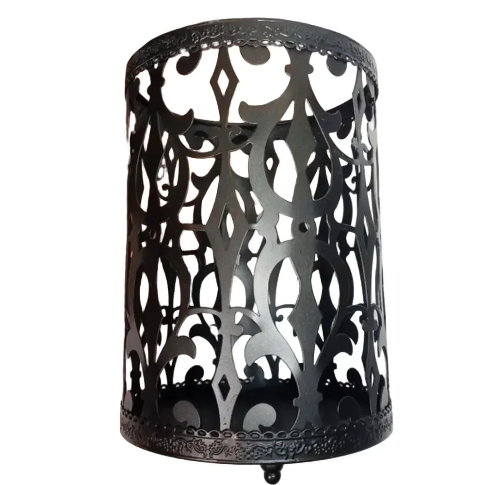Set of 2 Black Iron Burnout Pillar Candle Holders